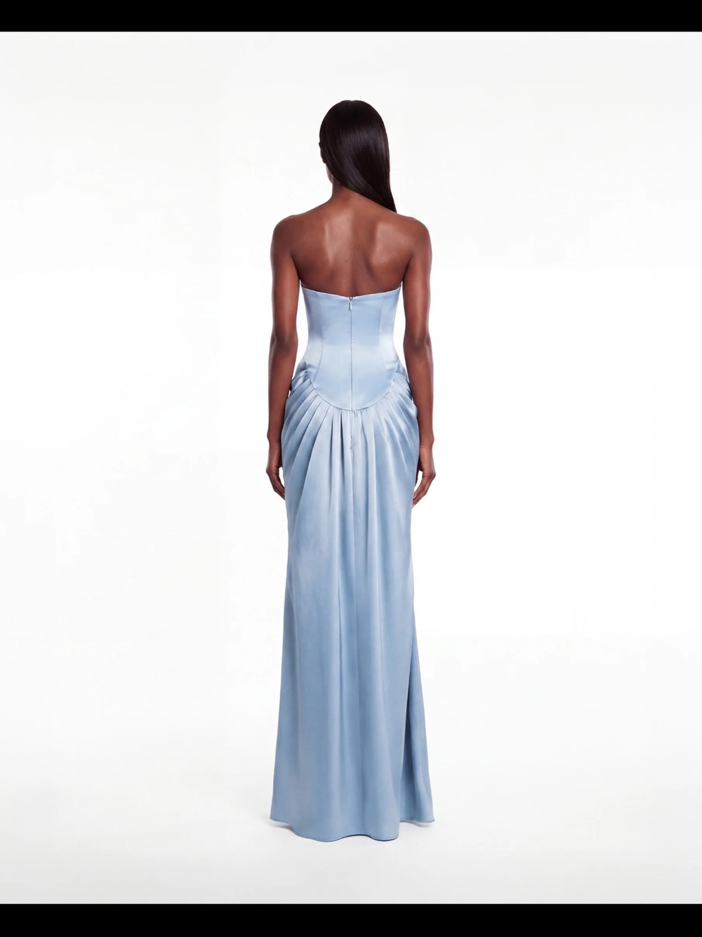 Strapless Light Blue Satin Maxi Dress with Gathered Skirt - Picture 2 of 3